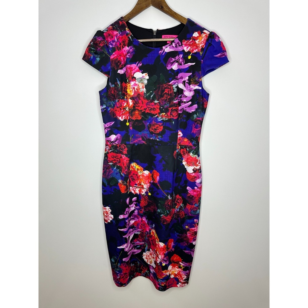 Betsey Johnson Floral Scuba Sheath Dress Size 12 Cap Sleeve Cocktail Romantic - Picture 2 of 12
